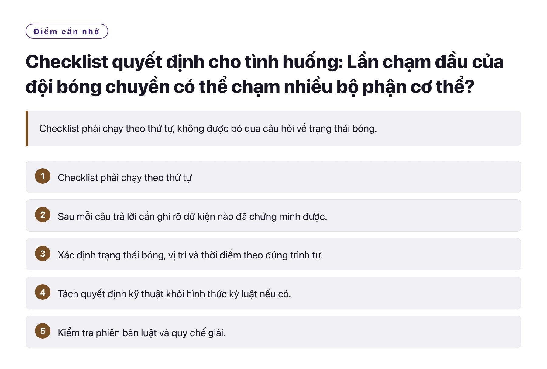 Checklist quyết định cho tình huống: Lần chạm đầu của đội bóng chuyền có thể chạm nhiều bộ phận cơ thể?——全文要点速览